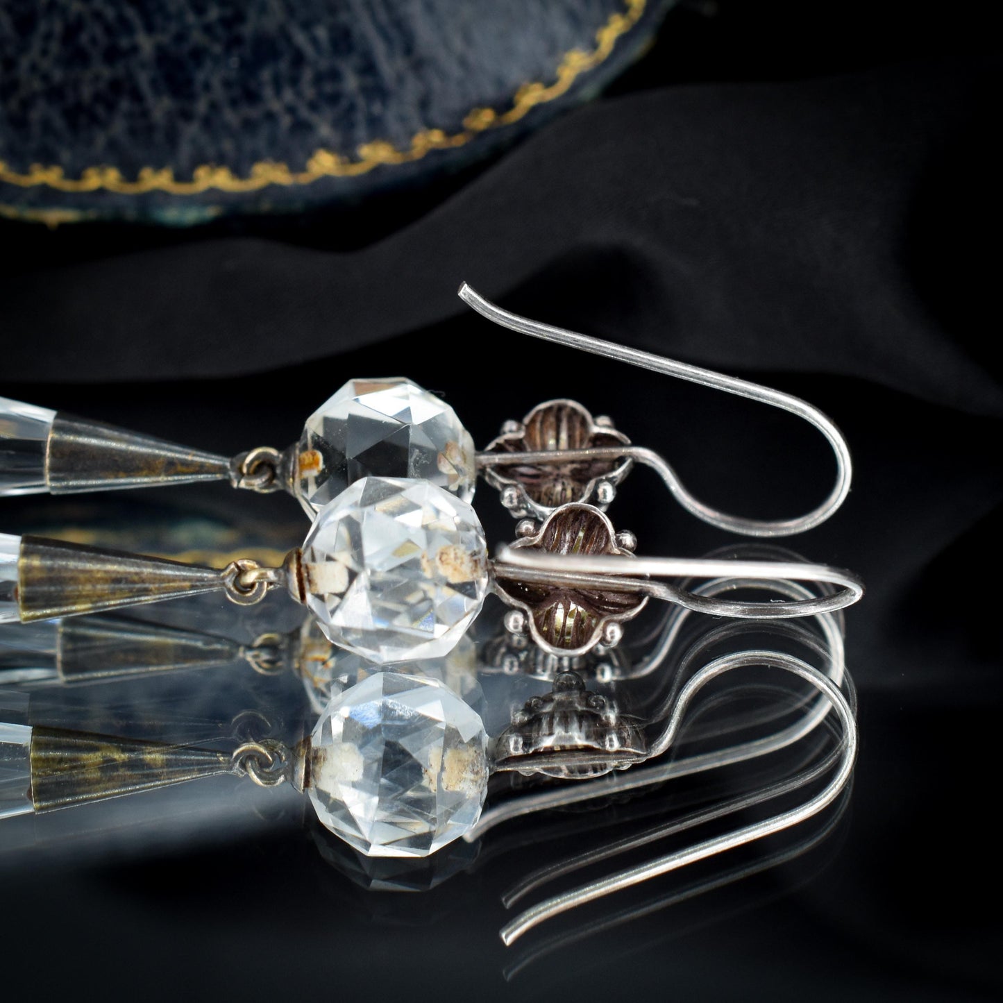 Art Deco Briolette Cut Rock Crystal Sterling Silver Drop Dangle Earrings