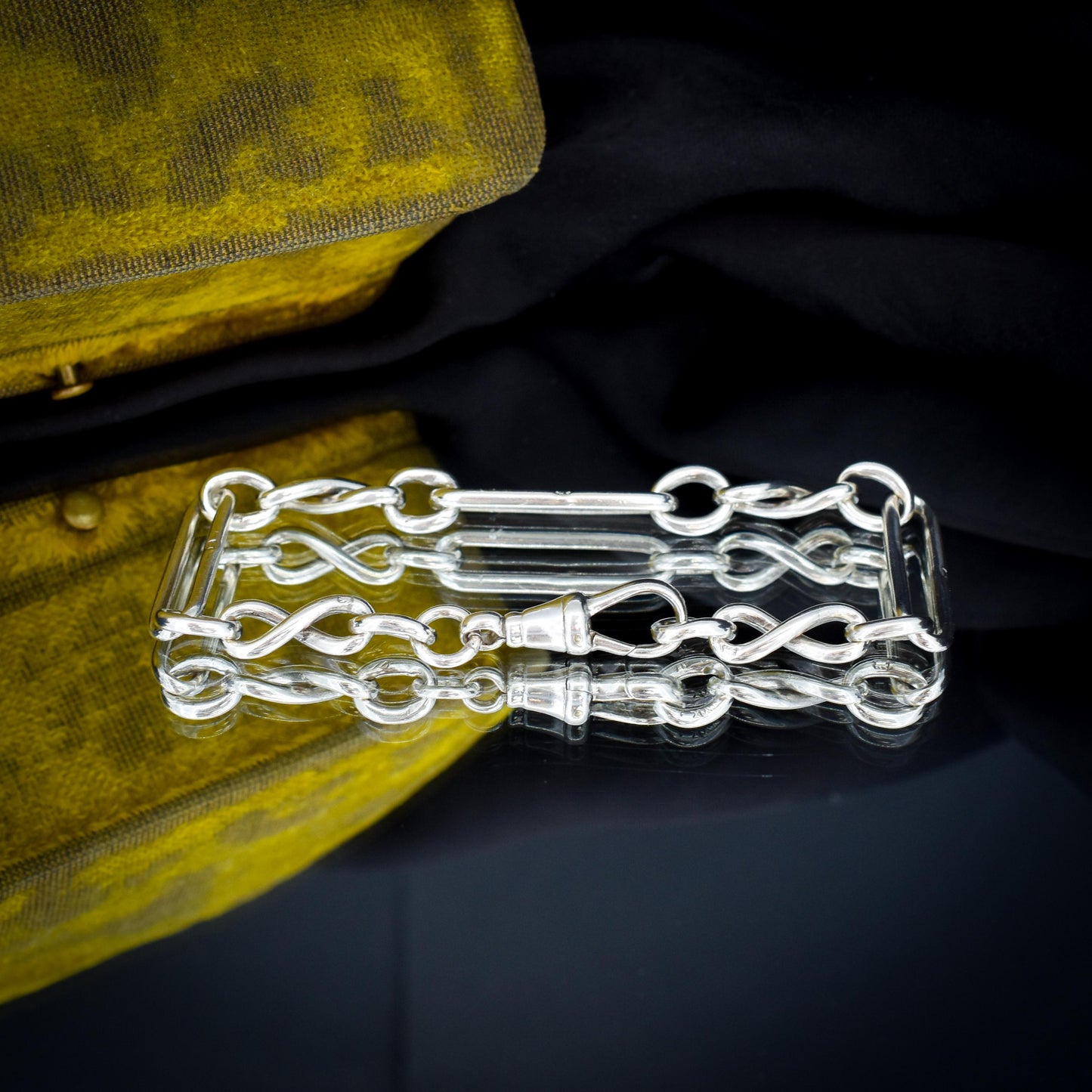 Antique Sterling Silver Trombone Link Bracelet with Dog Clip | 7.75"