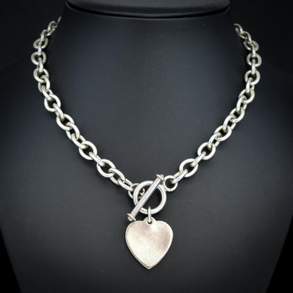 Vintage Silver Oval Cable Link Toggle Heart Chain Necklace 16" Length