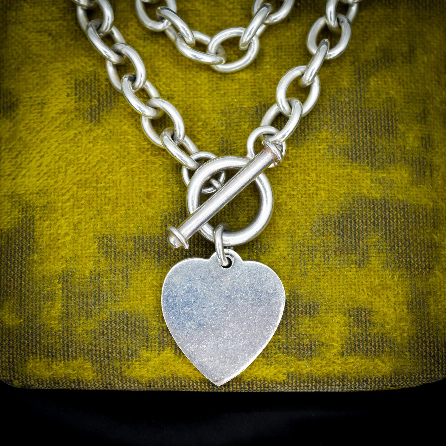 Vintage Silver Oval Cable Link Toggle Heart Chain Necklace 16" Length