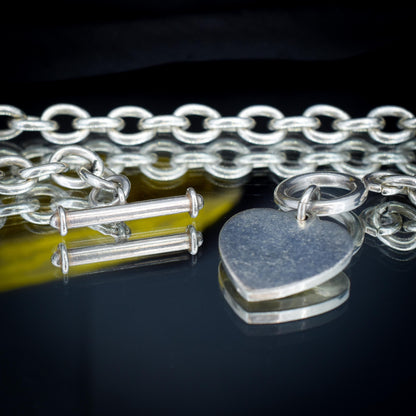 Vintage Silver Oval Cable Link Toggle Heart Chain Necklace 16" Length