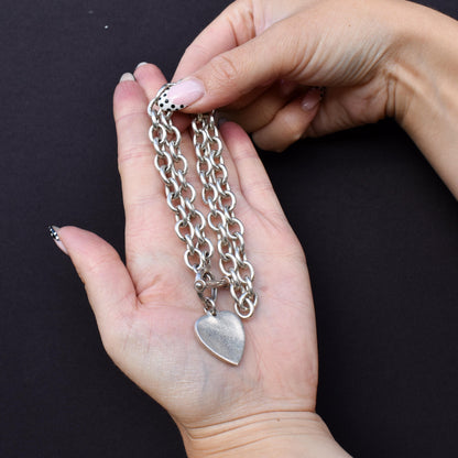 Vintage Silver Oval Cable Link Toggle Heart Chain Necklace 16" Length