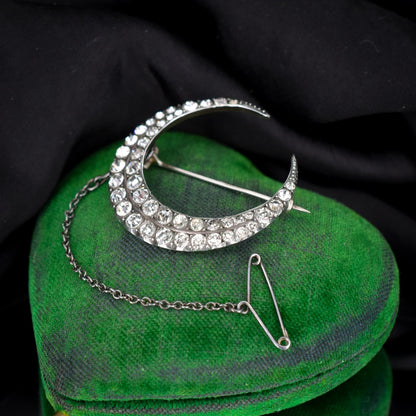 Antique Victorian Old Cut Paste Silver Crescent Moon Brooch