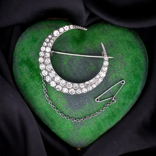 Antique Victorian Old Cut Paste Silver Crescent Moon Brooch