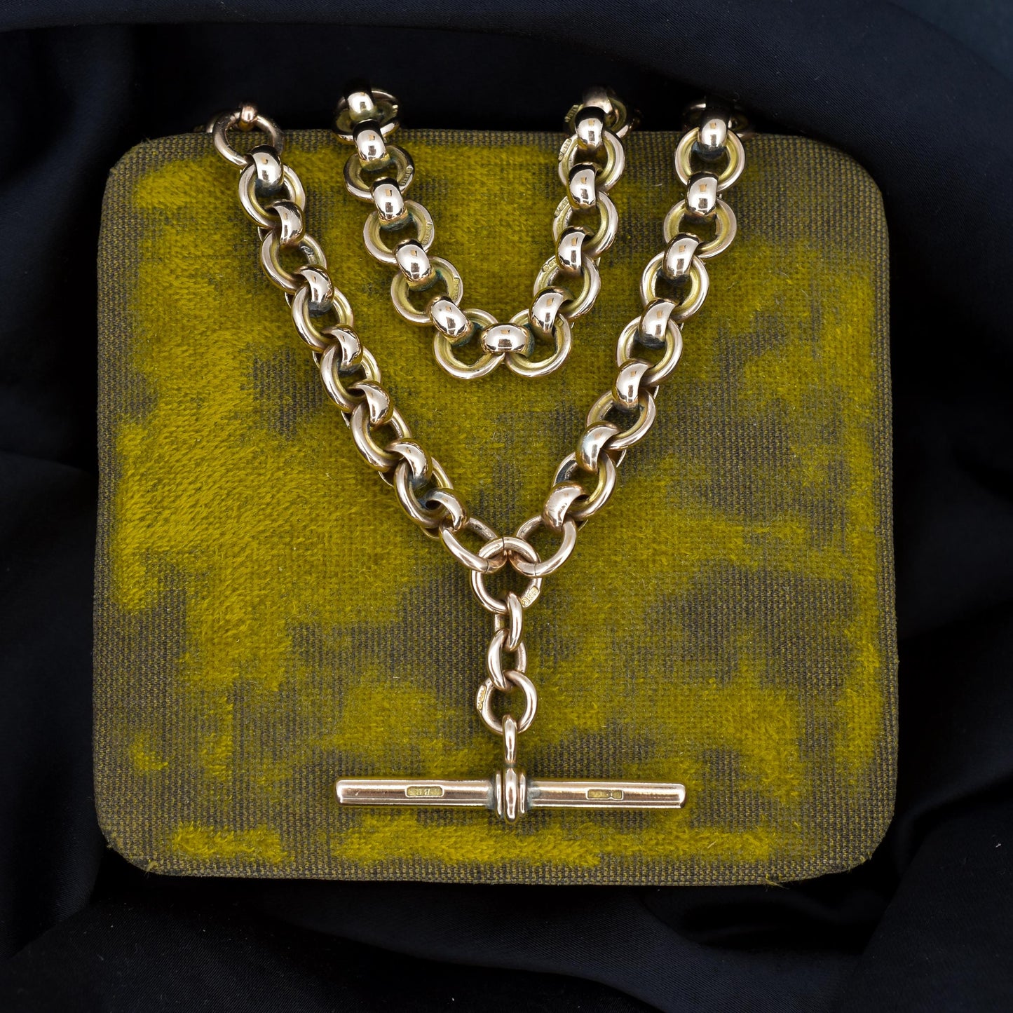 Antique '1879' 9ct Gold Round Link Albert Chain with T-Bar and Double Dog Clips | 16"