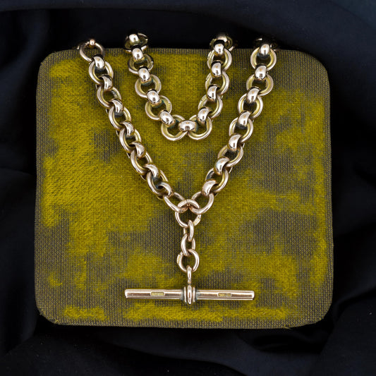 Antique '1879' 9ct Gold Round Link Albert Chain with T-Bar and Double Dog Clips | 16"