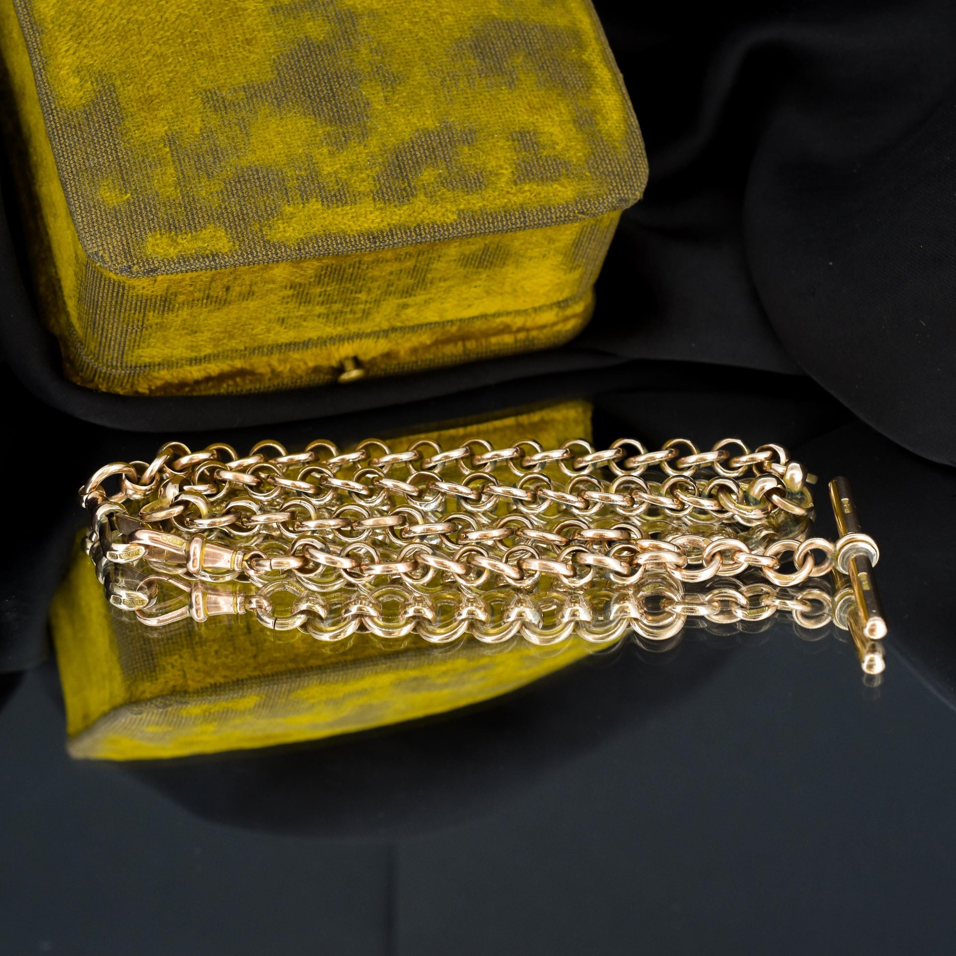 Antique '1879' 9ct Gold Round Link Albert Chain with T-Bar and Double Dog Clips | 16"