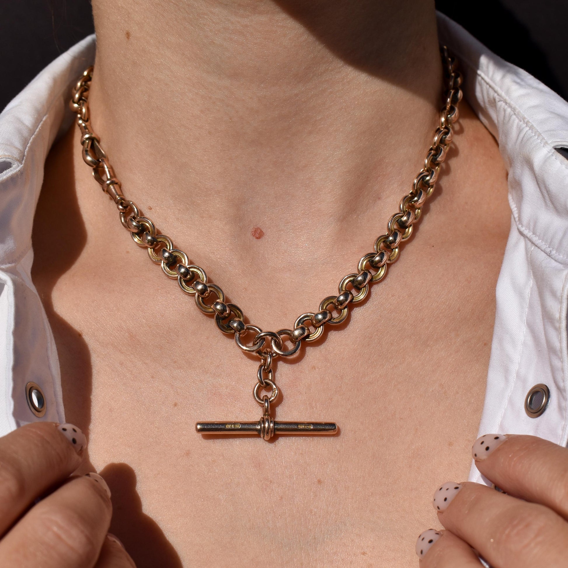 Antique '1879' 9ct Gold Round Link Albert Chain with T-Bar and Double Dog Clips | 16"