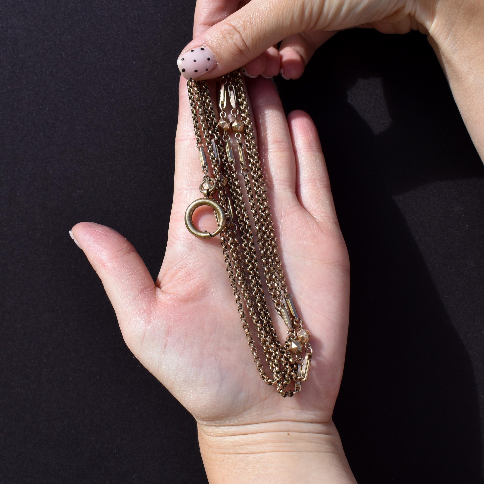 Antique Rolled Gold Fancy Guard Muff Chain Necklace with Large Bolt Ring | 49"