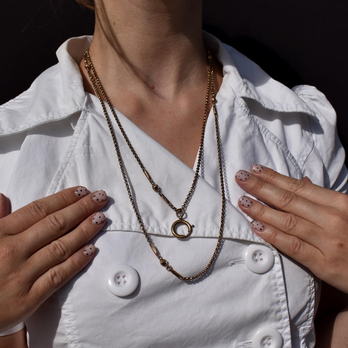 Antique Rolled Gold Fancy Guard Muff Chain Necklace with Large Bolt Ring | 49"