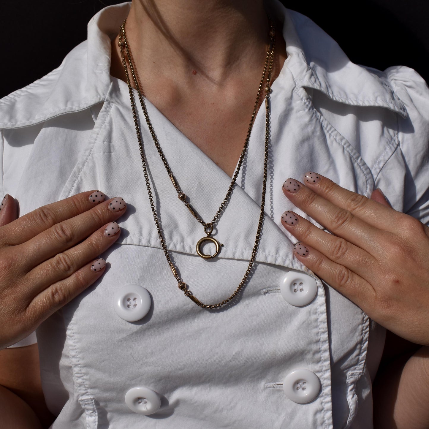 Antique Rolled Gold Fancy Guard Muff Chain Necklace with Large Bolt Ring | 49"