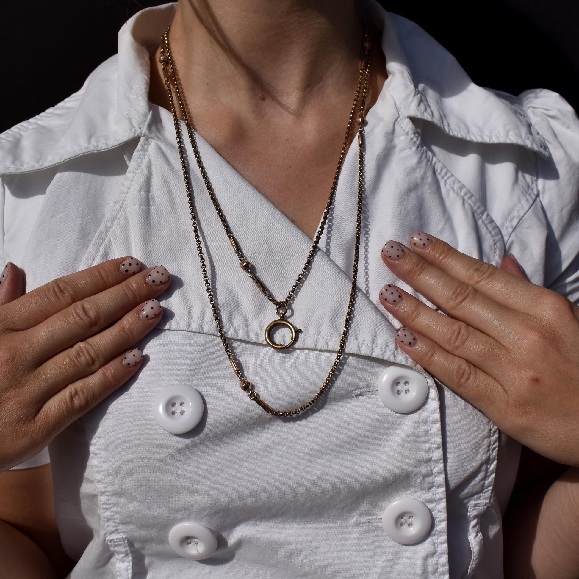 Antique Rolled Gold Fancy Guard Muff Chain Necklace with Large Bolt Ring | 49"