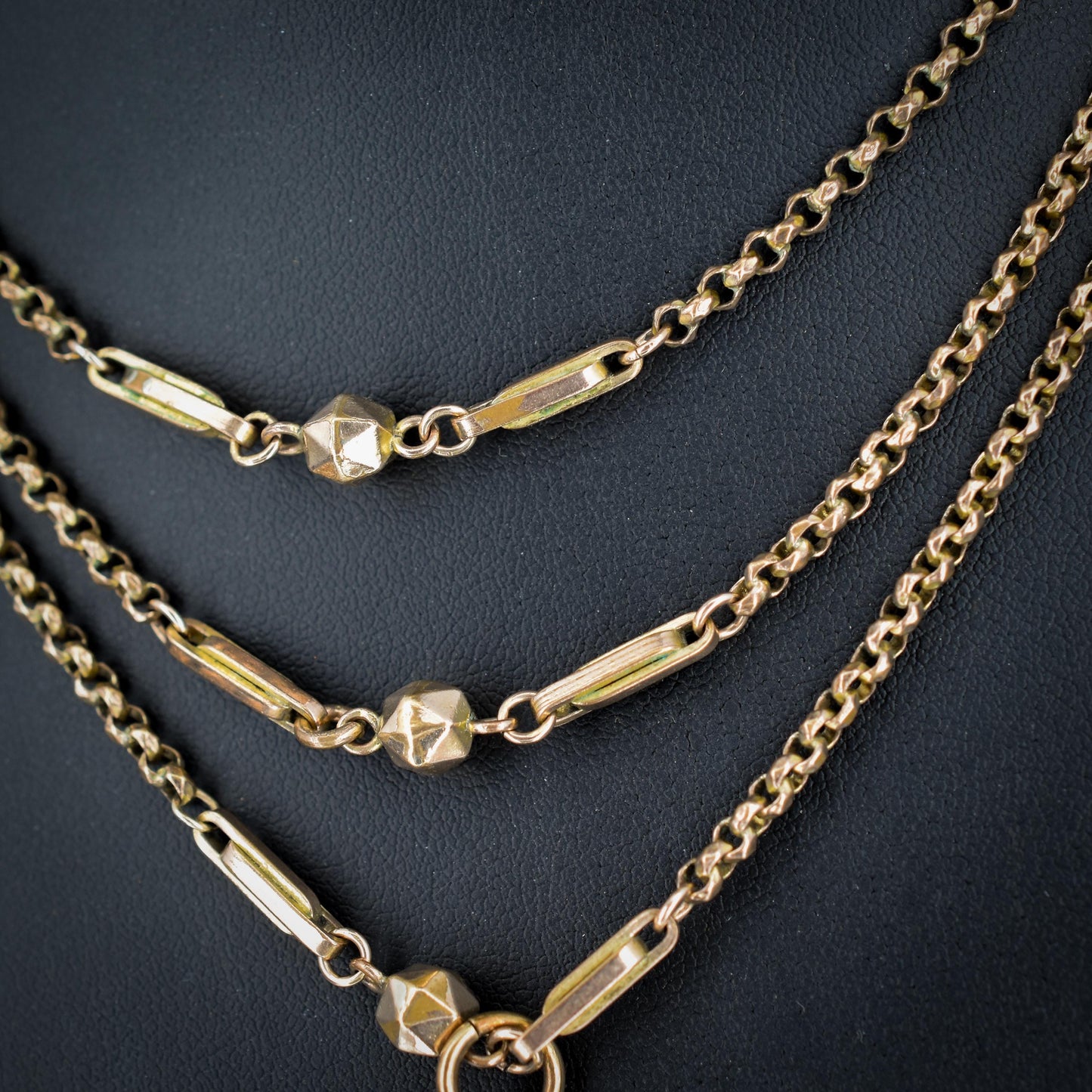 Antique Rolled Gold Fancy Guard Muff Chain Necklace with Large Bolt Ring | 49"