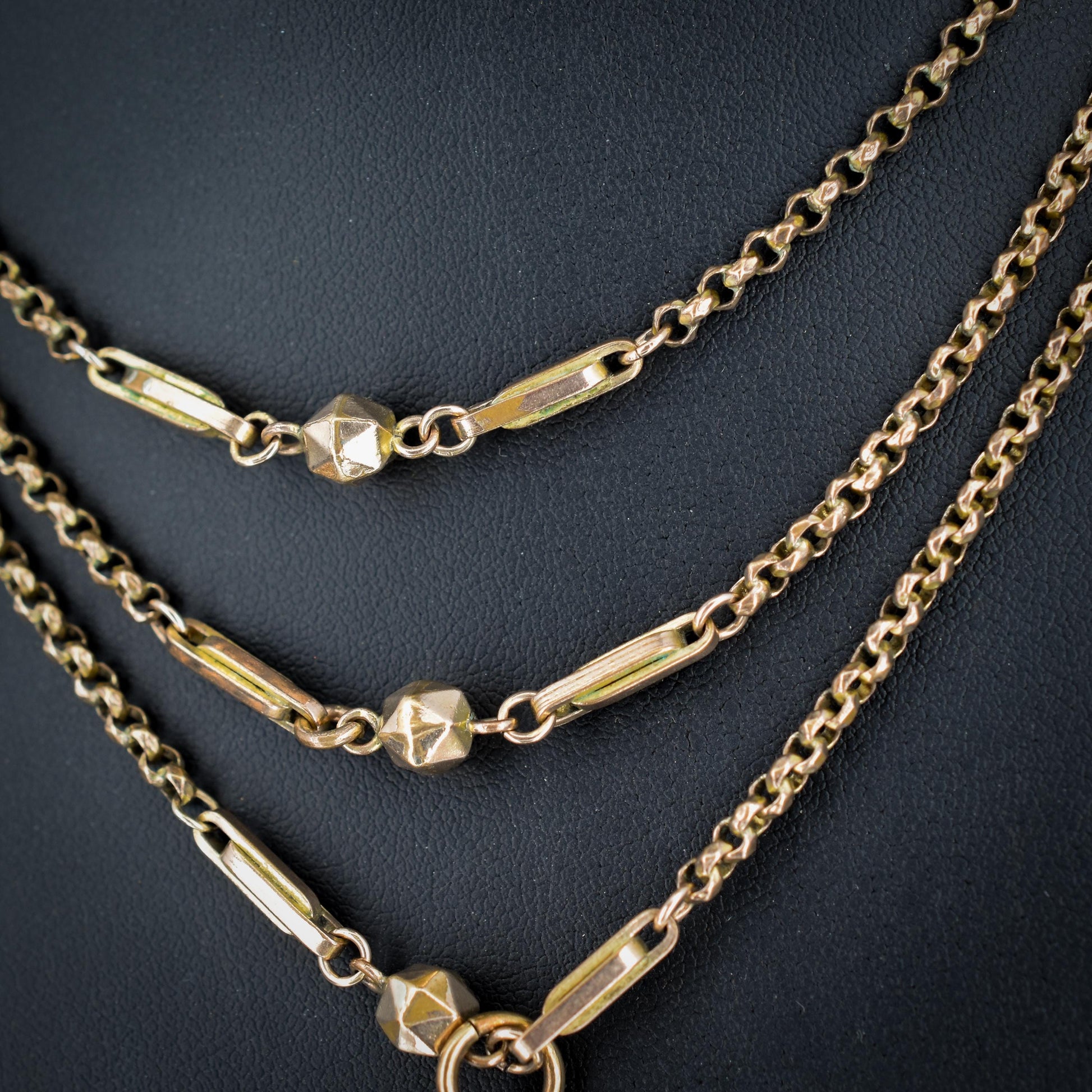 Antique Rolled Gold Fancy Guard Muff Chain Necklace with Large Bolt Ring | 49"