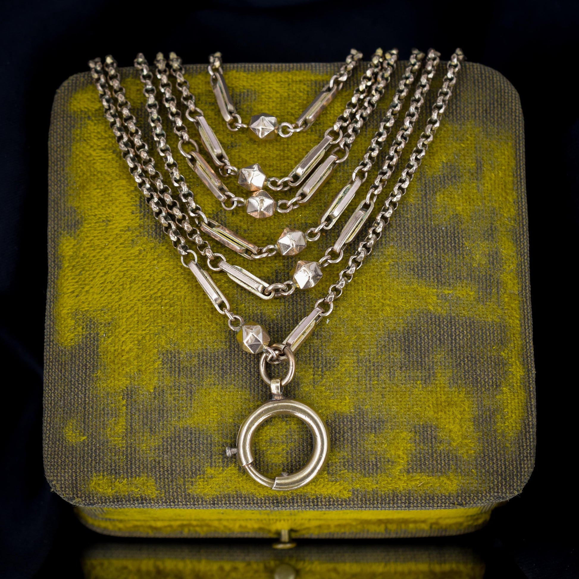 Antique Rolled Gold Fancy Guard Muff Chain Necklace with Large Bolt Ring | 49"