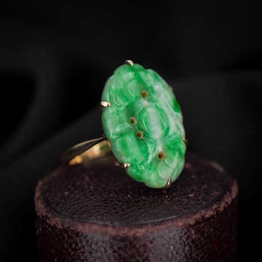 Art Deco Carved Jade 9ct Gold Panel Ring | Antique Vintage