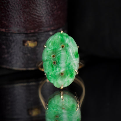 Art Deco Carved Jade 9ct Gold Panel Ring | Antique Vintage
