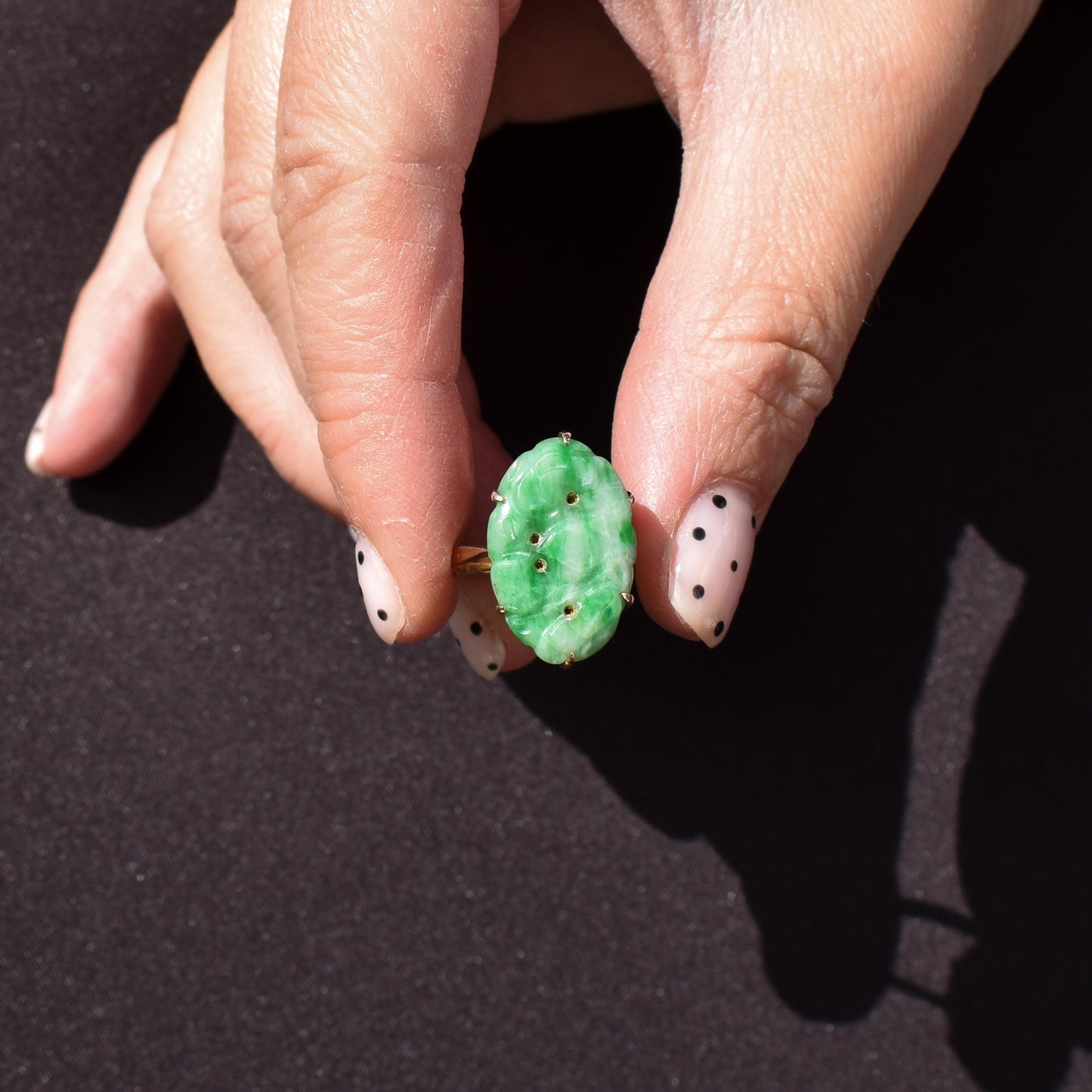 Art Deco Carved Jade 9ct Gold Panel Ring | Antique Vintage