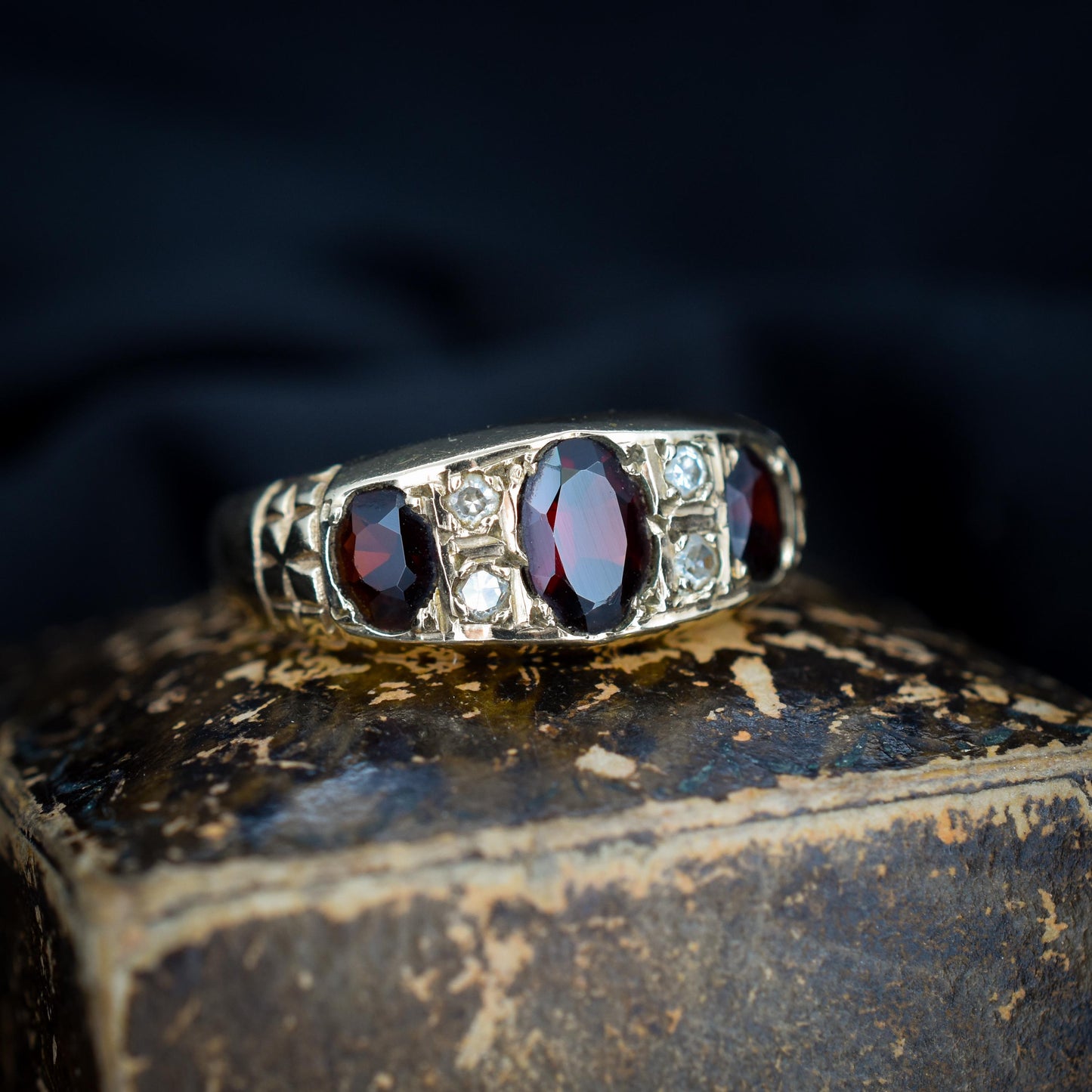 Vintage Garnet and Diamond 9ct Yellow Gold Three Stone Ring Band