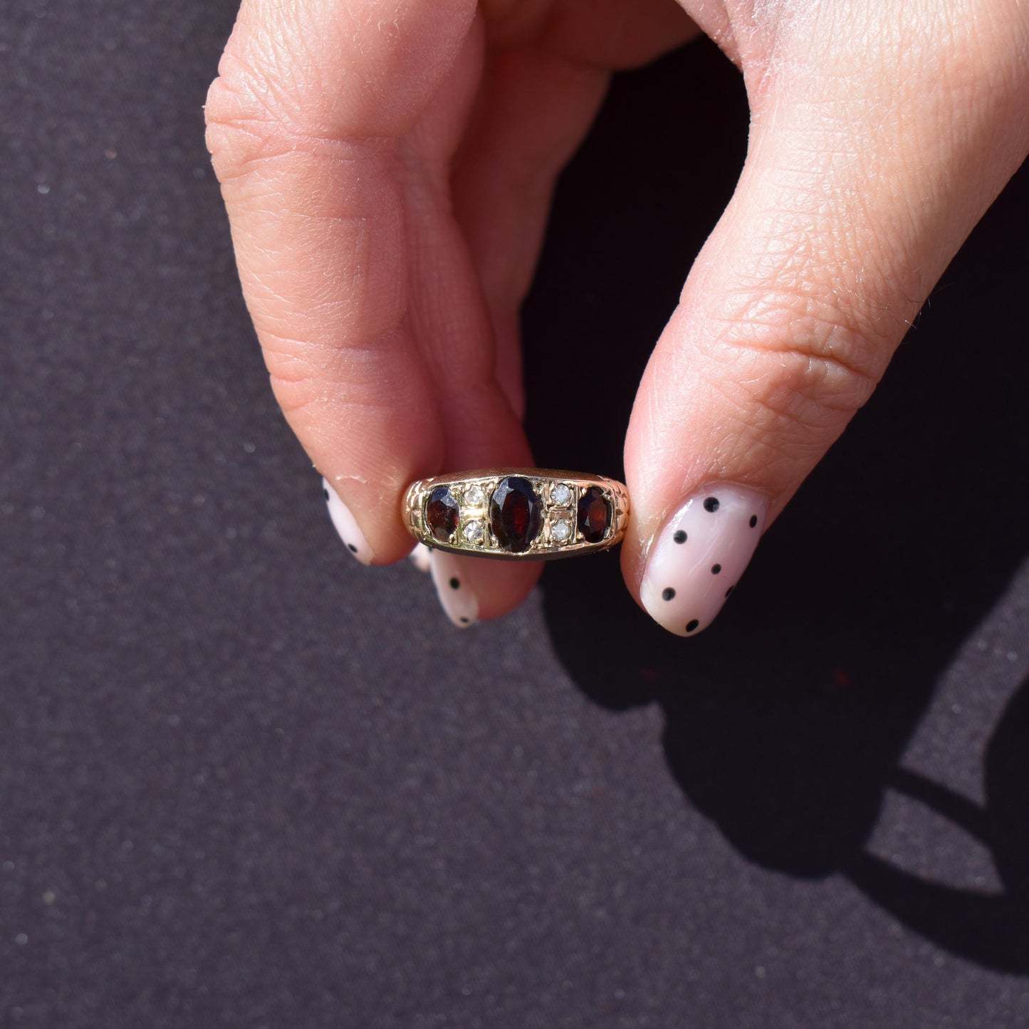 Vintage Garnet and Diamond 9ct Yellow Gold Three Stone Ring Band