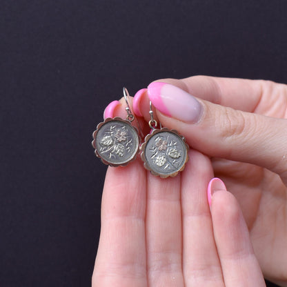 Antique Victorian Silver Gold Floral Aesthetic Drop Dangle Earrings