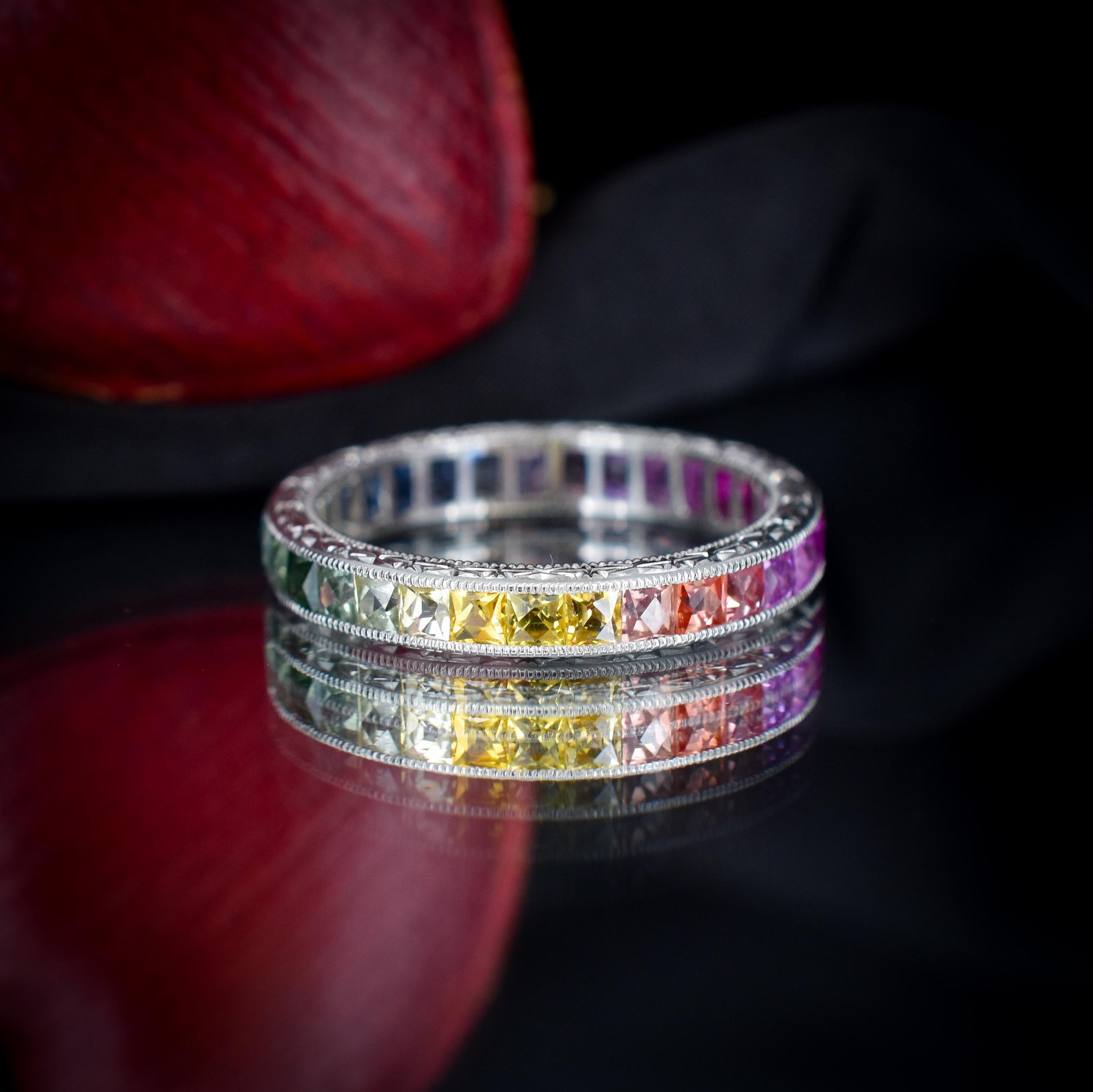 French Cut Multi Colour Sapphire Rainbow Full Eternity Platinum Band Ring