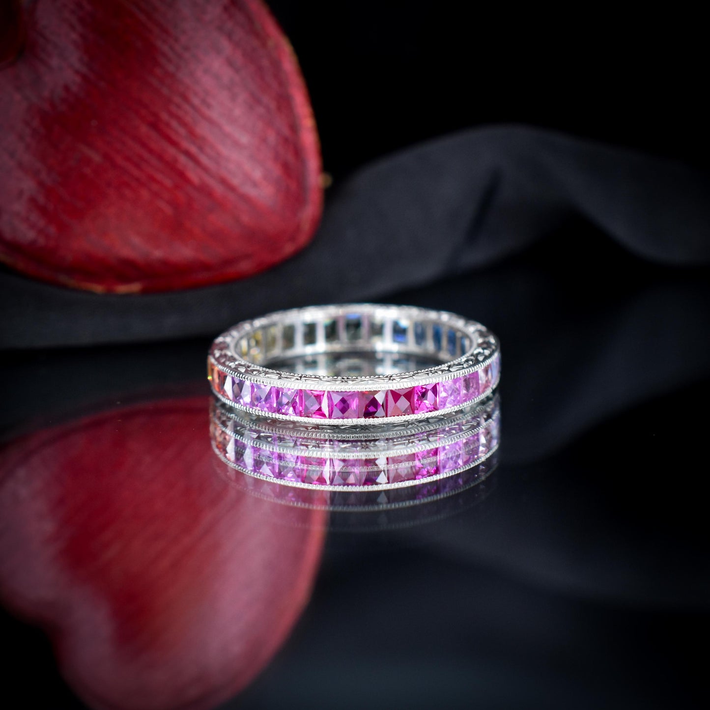 French Cut Multi Colour Sapphire Rainbow Full Eternity Platinum Band Ring