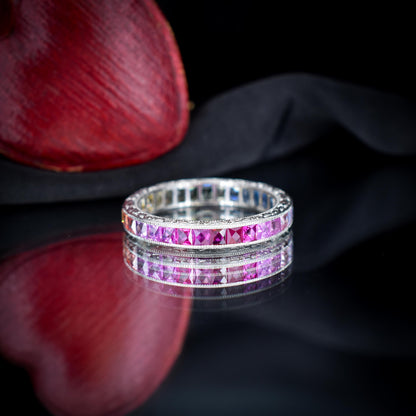 French Cut Multi Colour Sapphire Rainbow Full Eternity Platinum Band Ring