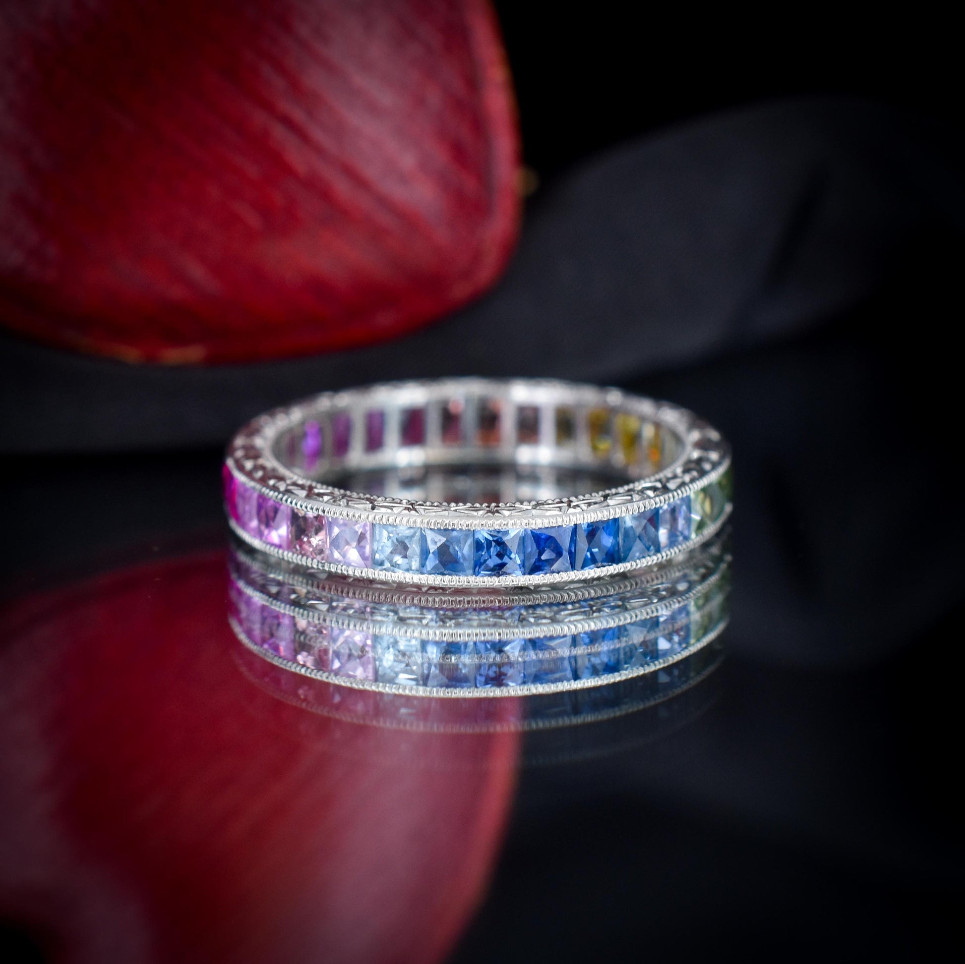 French Cut Multi Colour Sapphire Rainbow Full Eternity Platinum Band Ring