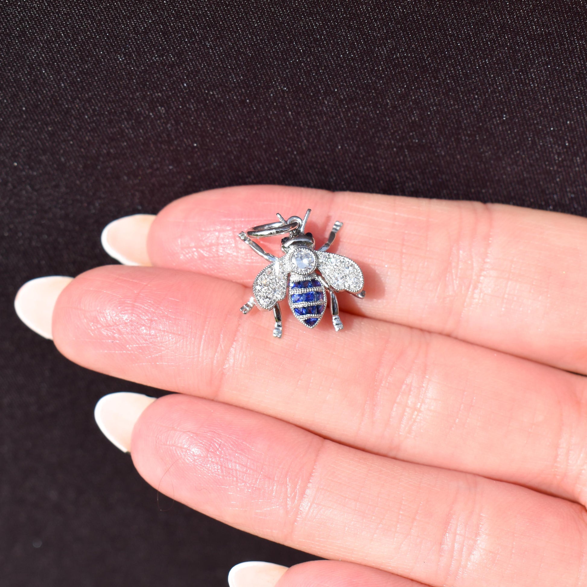 Blue Sapphire and Diamond Platinum Insect Bee Pendant | 0.25ct Diamond