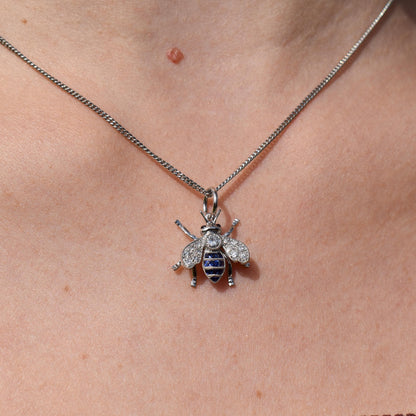 Blue Sapphire and Diamond Platinum Insect Bee Pendant | 0.25ct Diamond