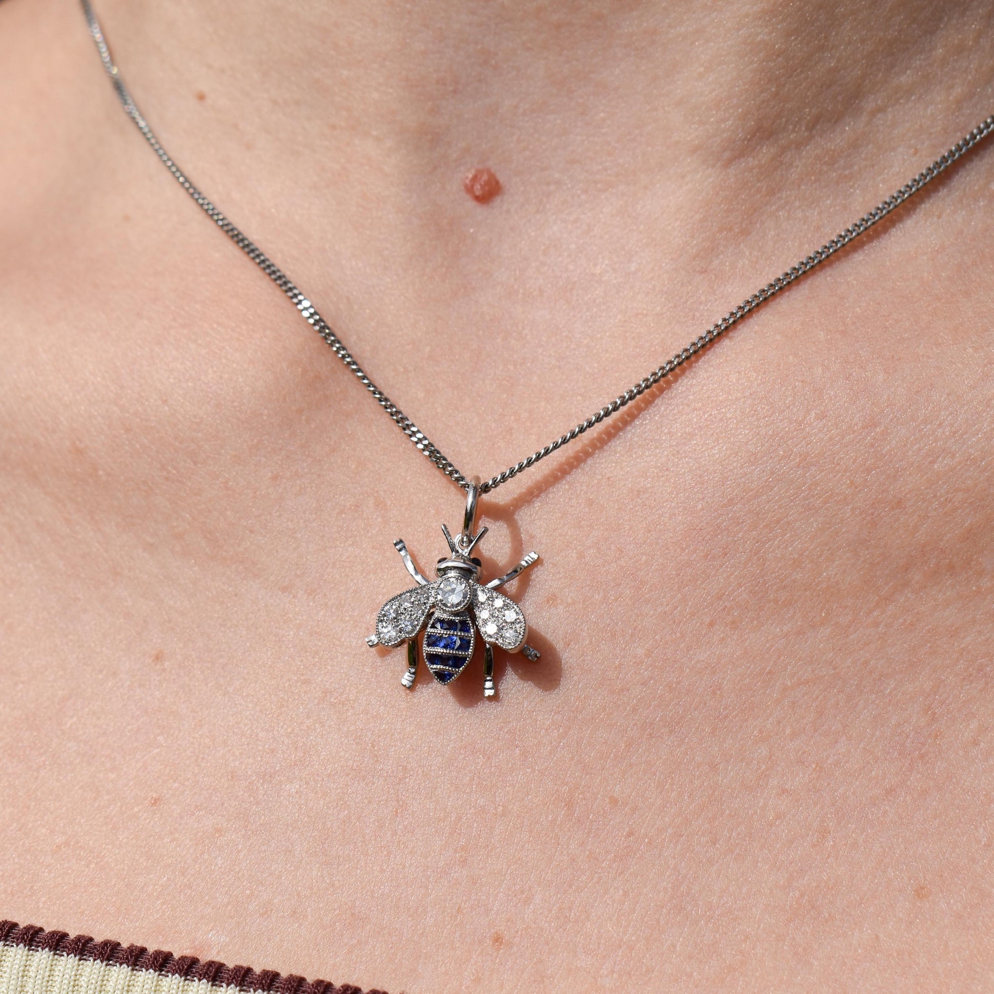 Blue Sapphire and Diamond Platinum Insect Bee Pendant | 0.25ct Diamond
