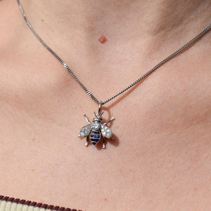 Blue Sapphire and Diamond Platinum Insect Bee Pendant | 0.25ct Diamond