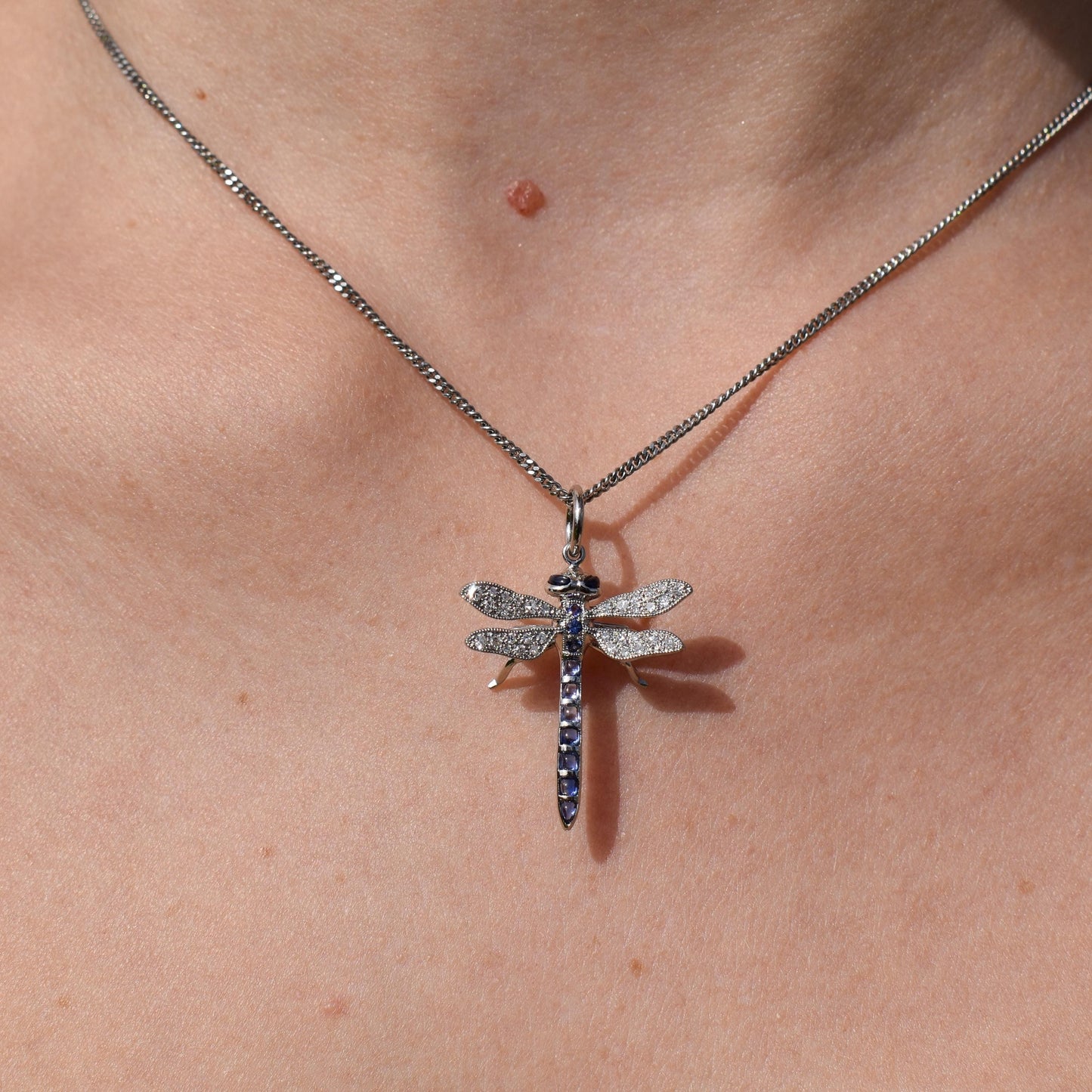 Sapphire and Diamond Platinum Dragonfly Insect Pendant | 0.45ct Sapphire