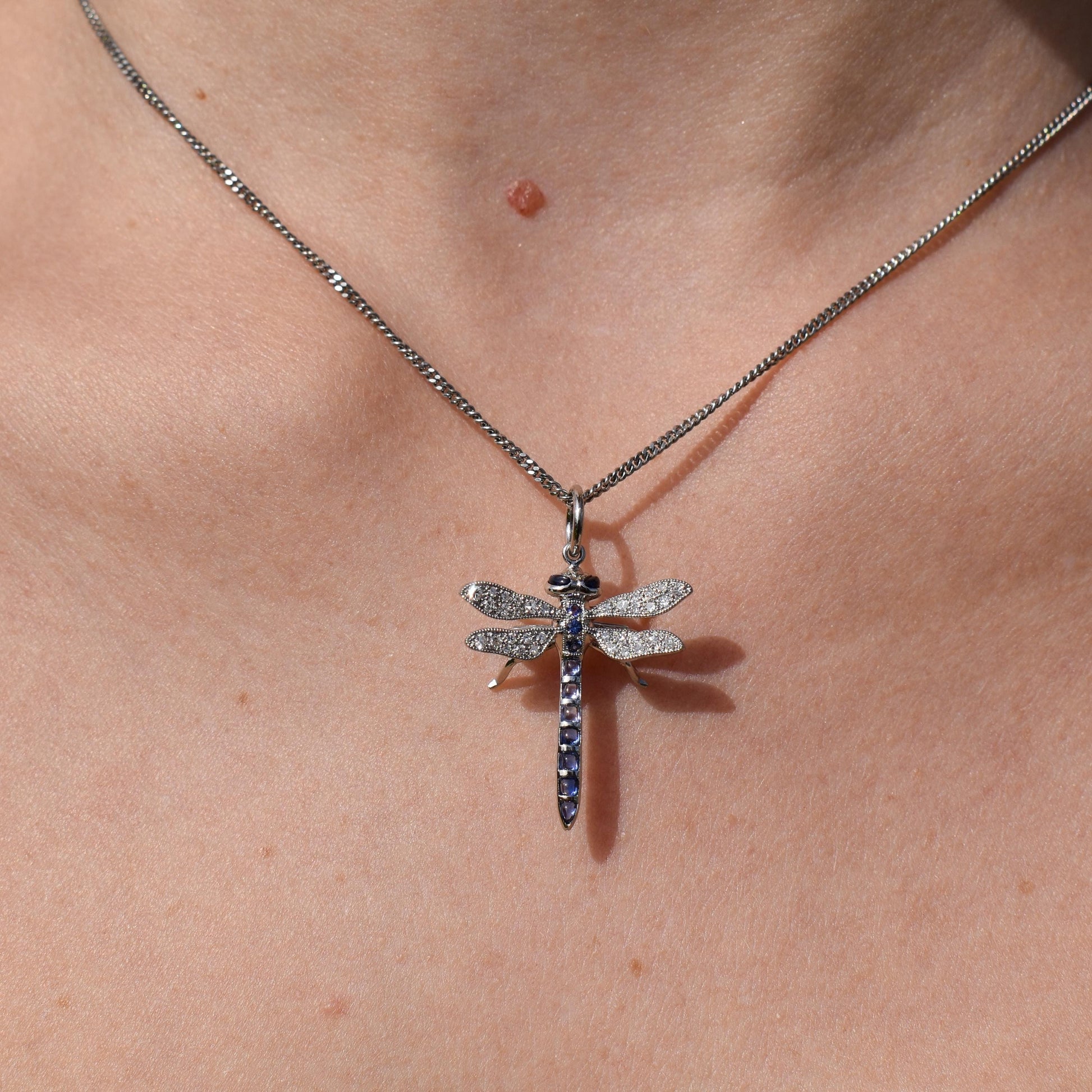 Sapphire and Diamond Platinum Dragonfly Insect Pendant | 0.45ct Sapphire
