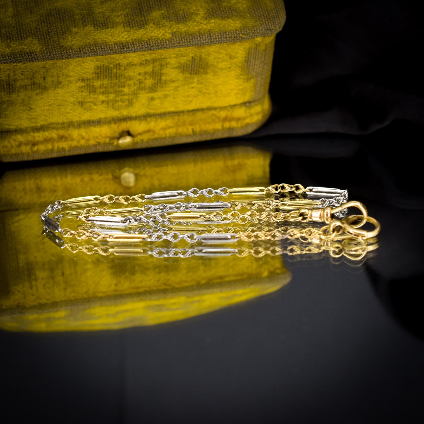 Antique 18ct Gold and Platinum Watch Chain Necklace with Dog Clip and Bolt Ring | 12.75"