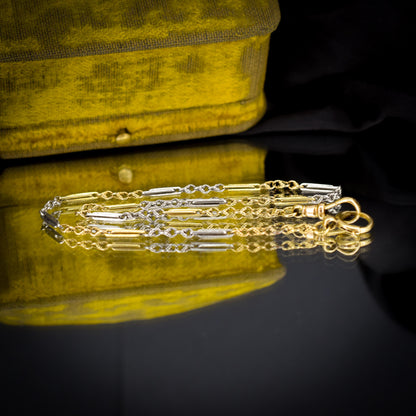 Antique 18ct Gold and Platinum Watch Chain Necklace with Dog Clip and Bolt Ring | 12.75"