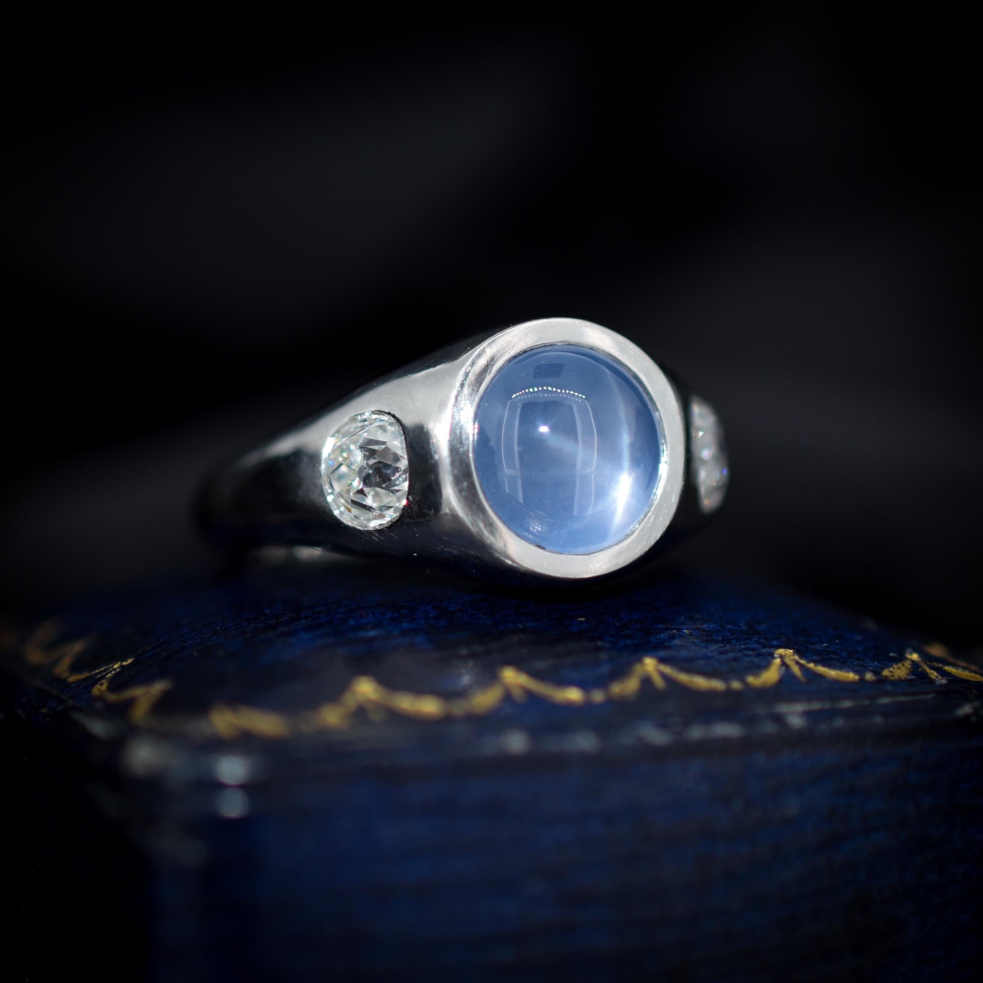 Certified 4.18ct Star Sapphire and Diamond Three Stone Platinum Band Ring