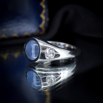 Certified 4.18ct Star Sapphire and Diamond Three Stone Platinum Band Ring