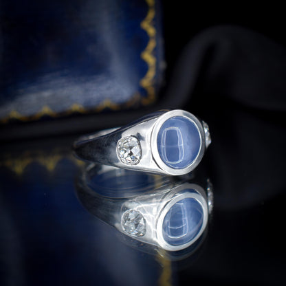 Certified 4.18ct Star Sapphire and Diamond Three Stone Platinum Band Ring