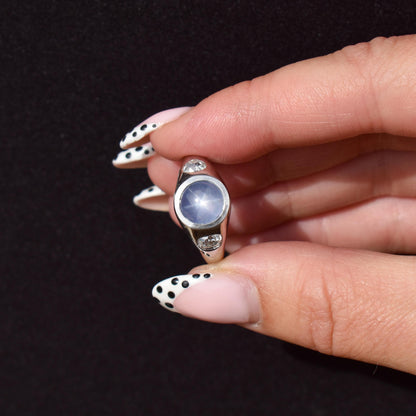 Certified 4.18ct Star Sapphire and Diamond Three Stone Platinum Band Ring