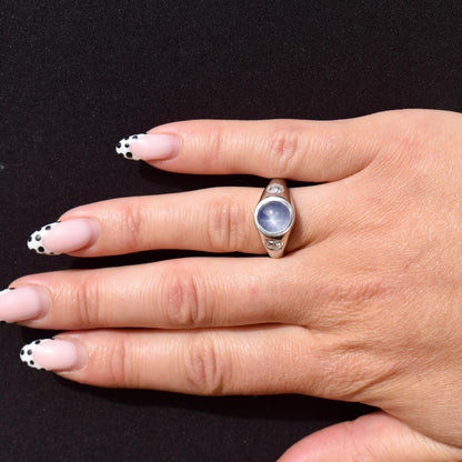 Certified 4.18ct Star Sapphire and Diamond Three Stone Platinum Band Ring