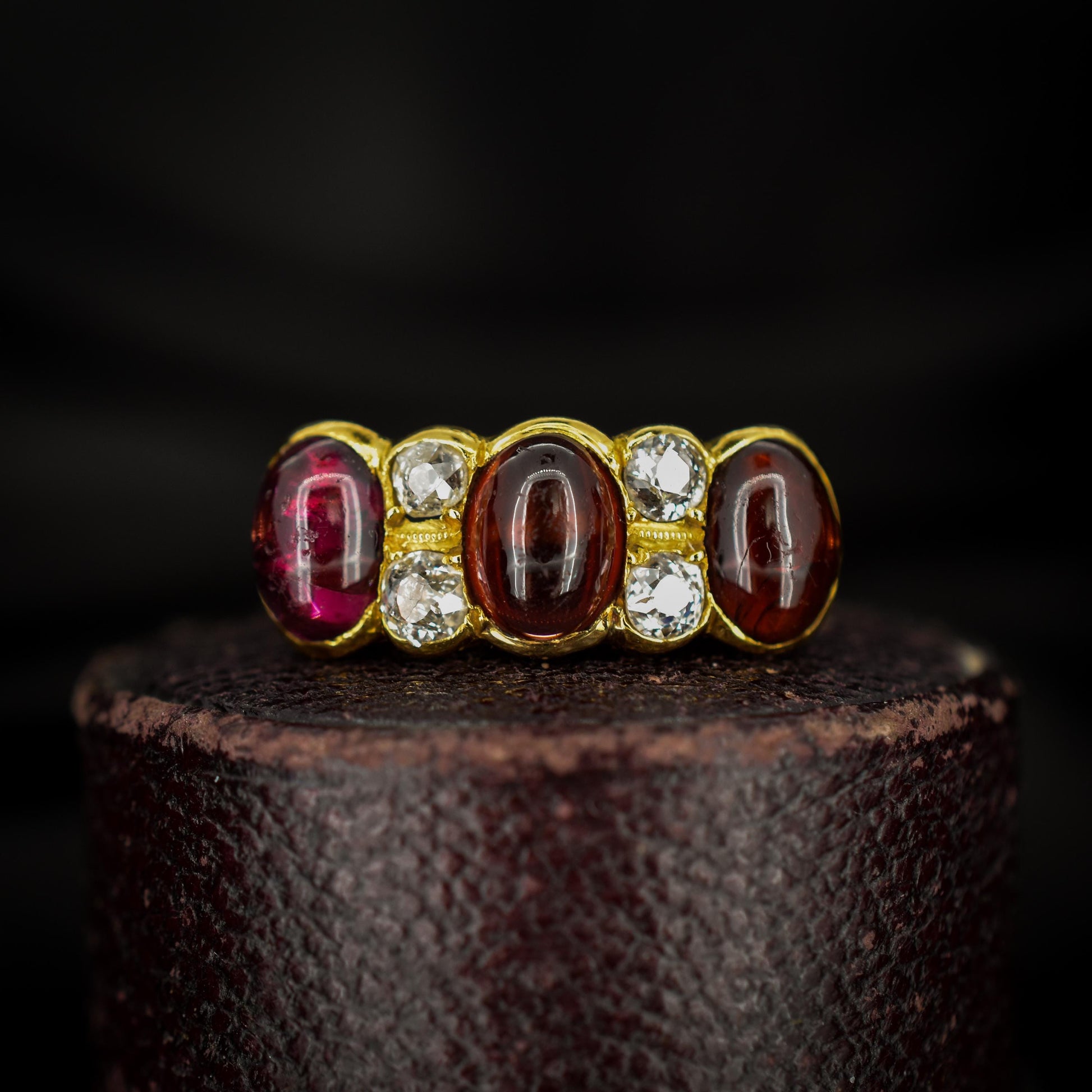 Antique Cabochon Garnet and Diamond 18ct Gold Scroll Ring