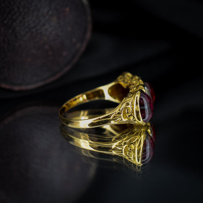 Antique Cabochon Garnet and Diamond 18ct Gold Scroll Ring