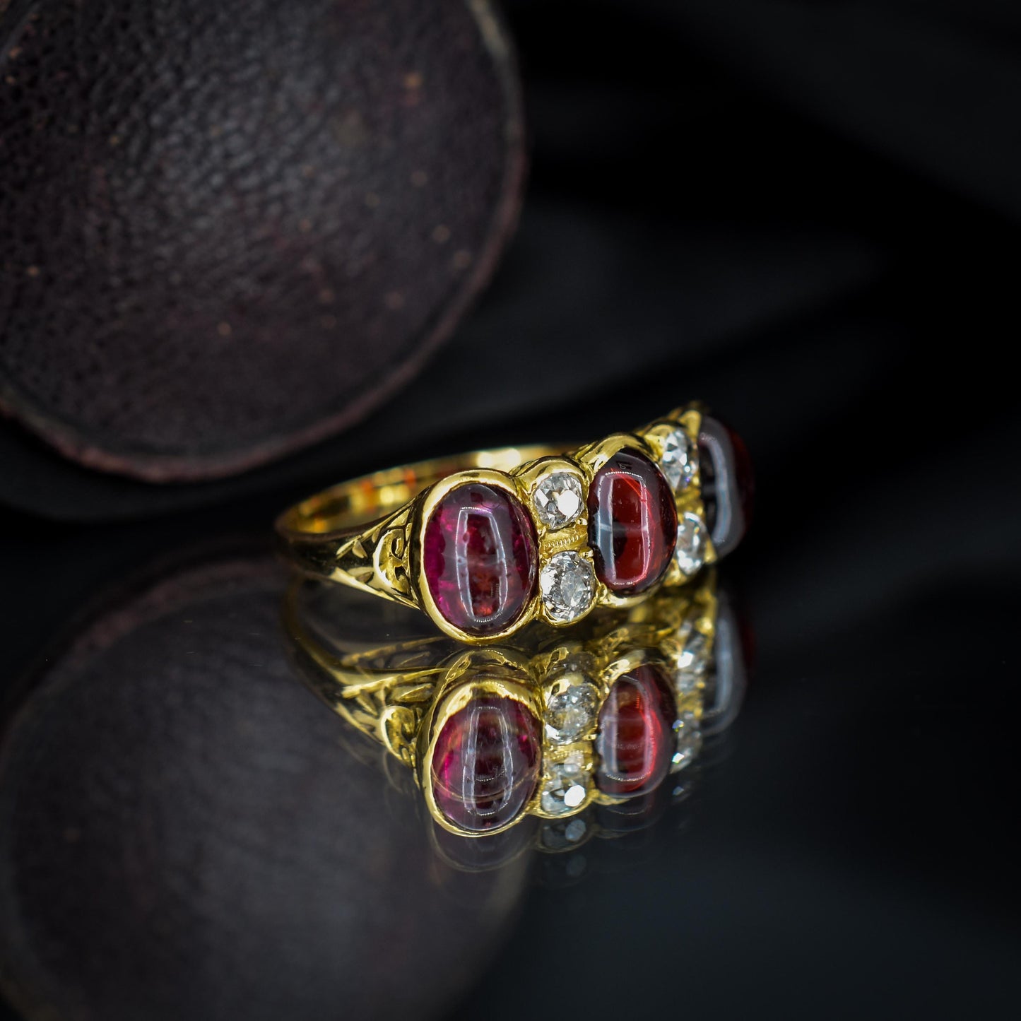 Antique Cabochon Garnet and Diamond 18ct Gold Scroll Ring