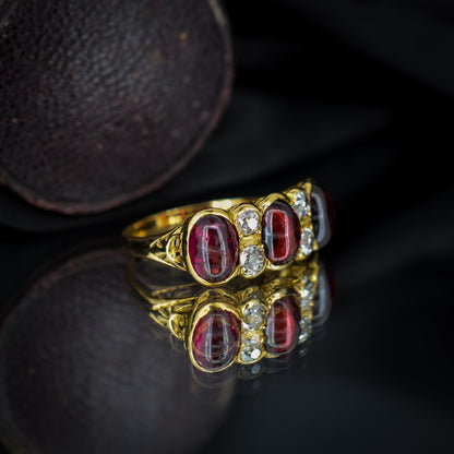 Antique Cabochon Garnet and Diamond 18ct Gold Scroll Ring