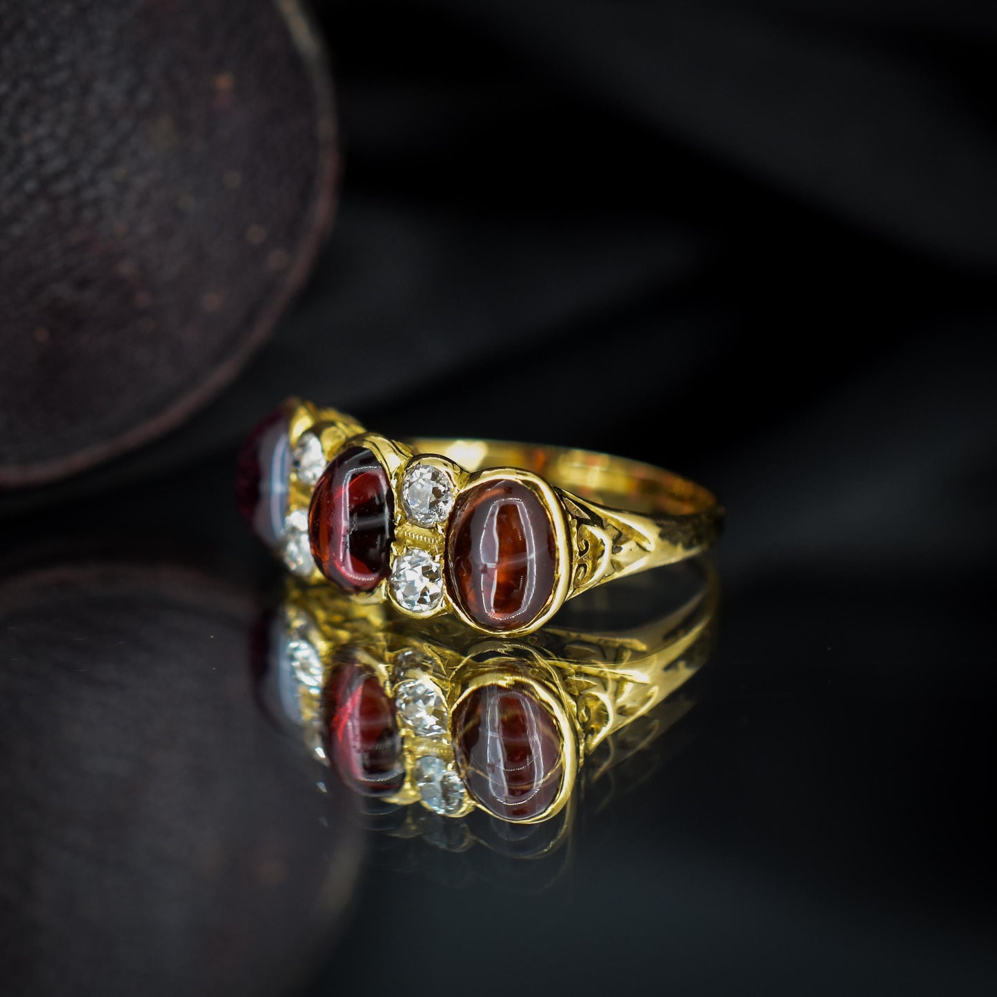 Antique Cabochon Garnet and Diamond 18ct Gold Scroll Ring