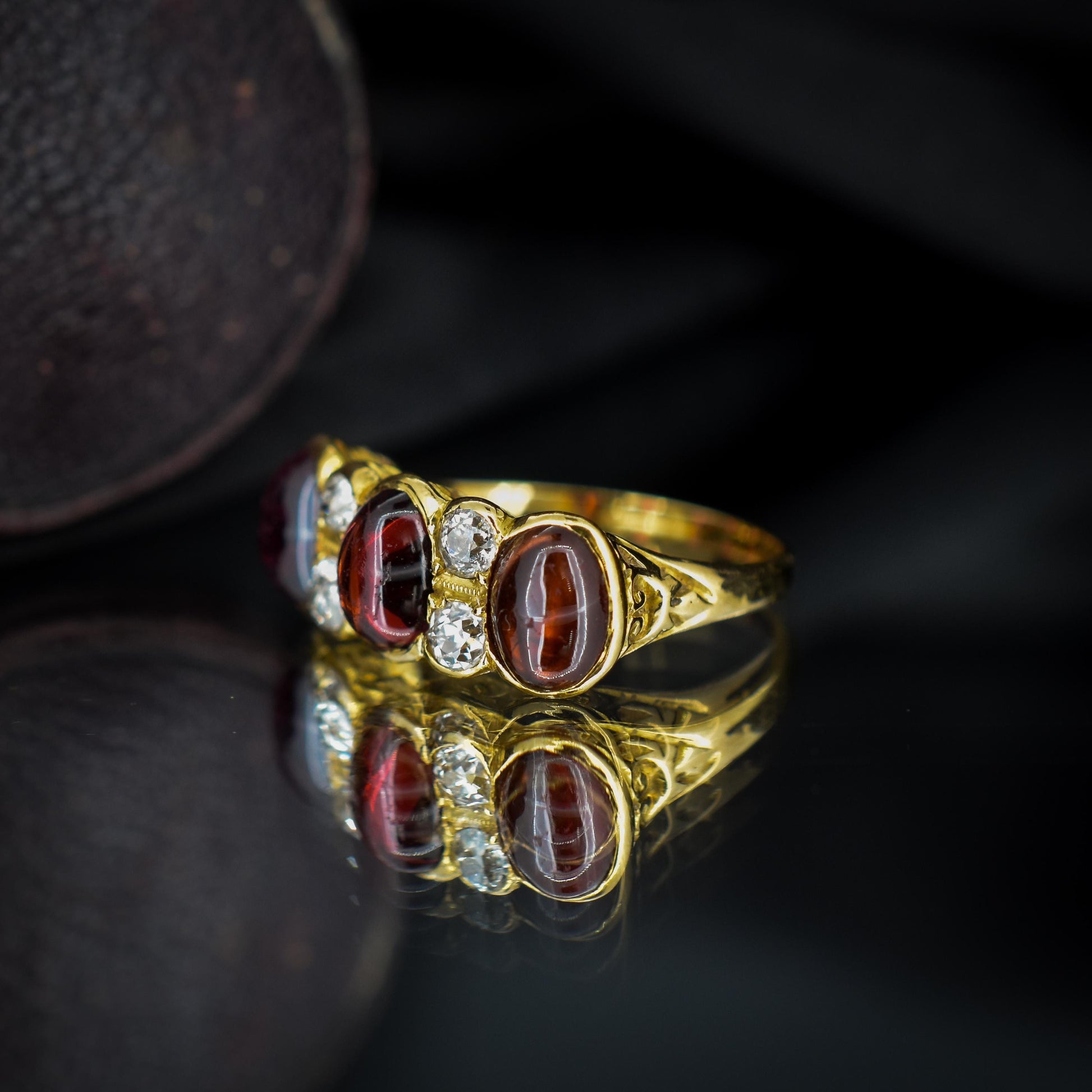 Antique Cabochon Garnet and Diamond 18ct Gold Scroll Ring