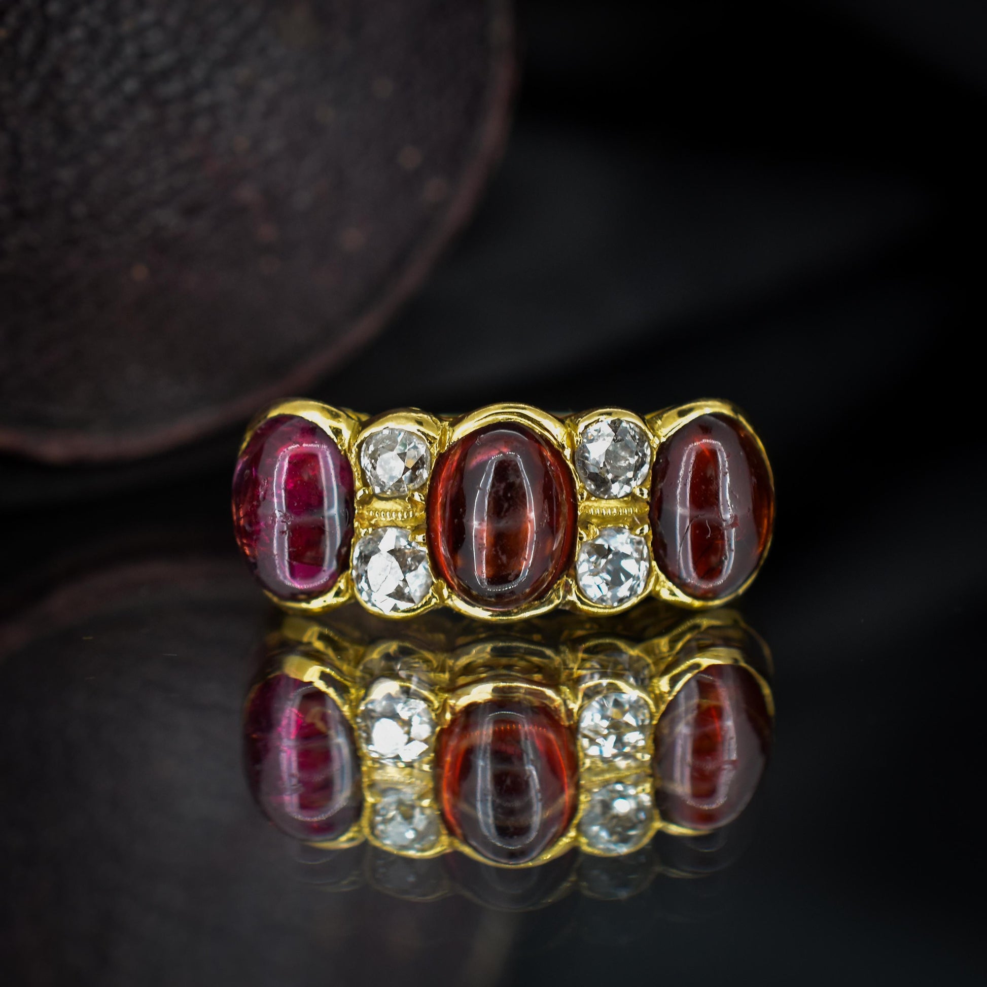 Antique Cabochon Garnet and Diamond 18ct Gold Scroll Ring