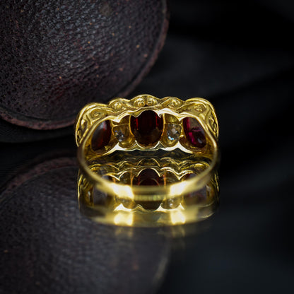 Antique Cabochon Garnet and Diamond 18ct Gold Scroll Ring